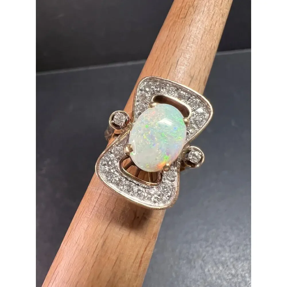 Vintage 14K Opal & Diamond Ring | Size 6.5 | Papered | 1.80ct | 60s–70s